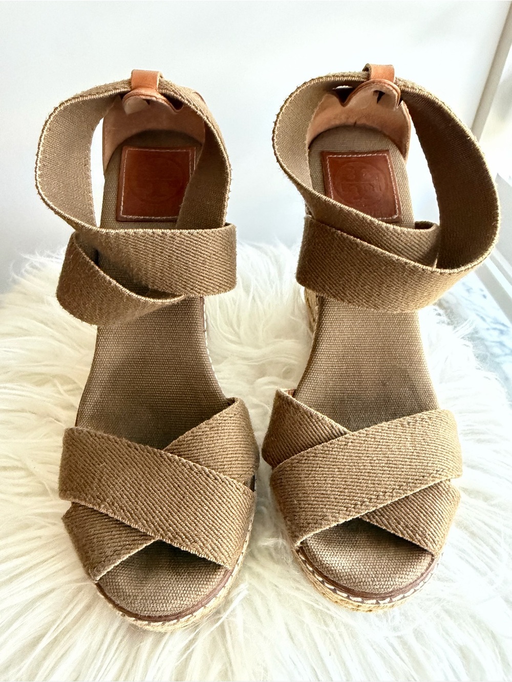 Tory Burch Tan Canvas Crisscross Ankle-Wrap Wedge Sandals